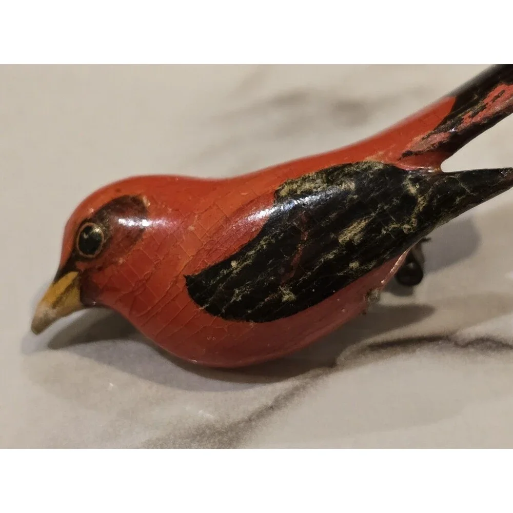 Vintage Hand Painted Red Bird Brooch Wood Bird Pin Folk Art Cardinal Style #1353